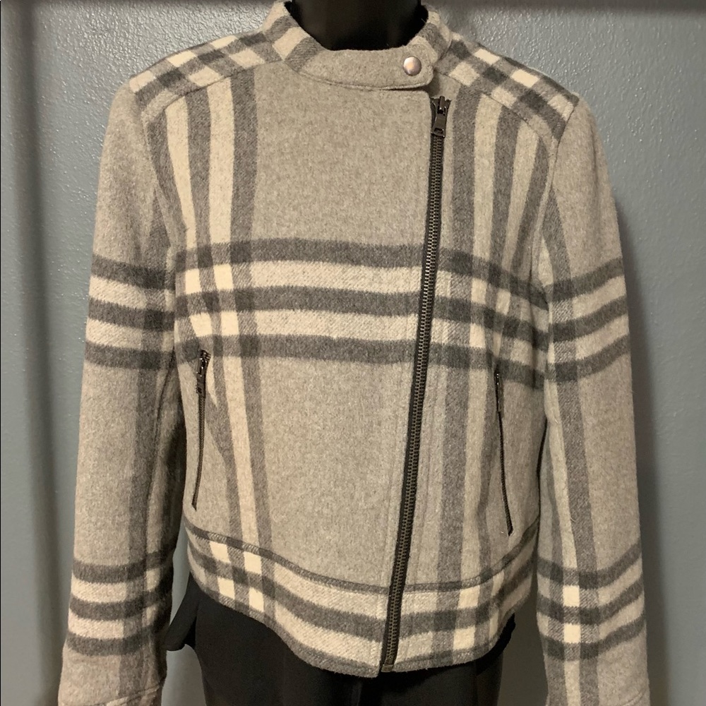 Gap Medium Gray Plaid Motocross Wool Blend Zip Jacket